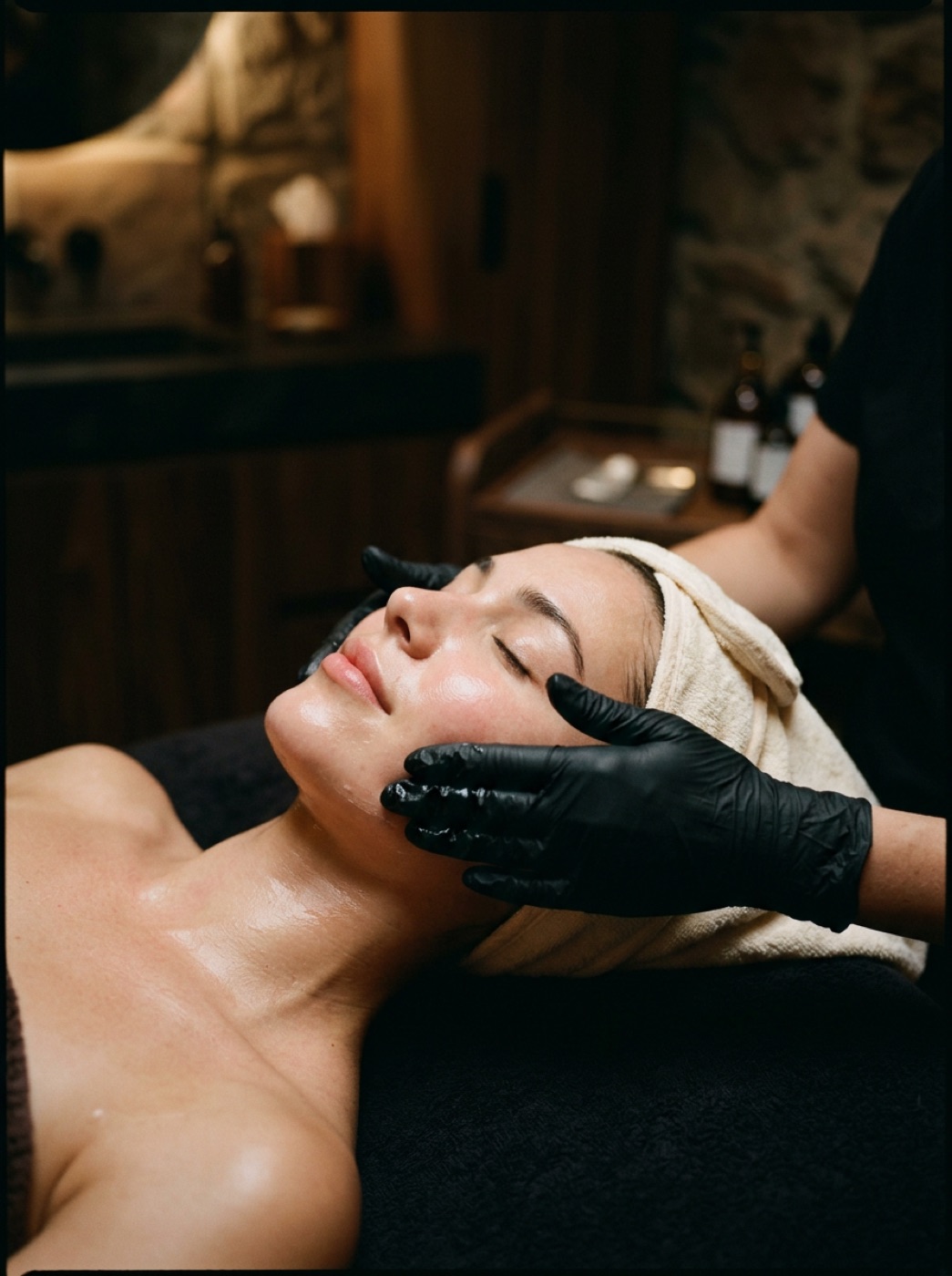 Facialbehandeling met handschoenen in warm, donker licht